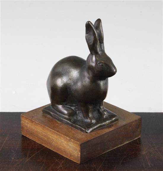 Gunnar Nilsson (Swedish, 1904-1995). A patinated bronze model of a seated hare, 6in.